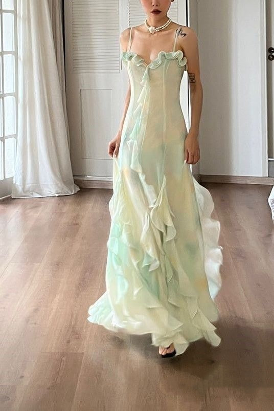 Vintage Mint Green Ombre Chiffon Maxi Prom Dress Ruffled Sweetheart Evening Gown DP8279