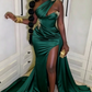Elegant One-Shoulder Brown Satin Mermaid Prom Dress High Slit Beading Evening Gown EQ9647