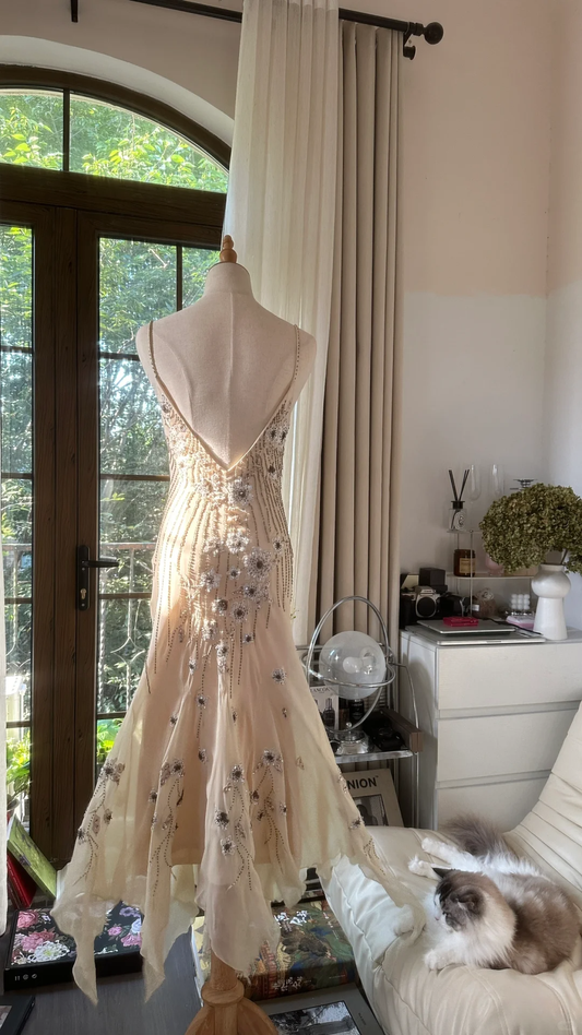 Vintage Beige Spaghetti Strap Beaded Design Romantic Chiffon Evening Dress Prom Dress, DP5989