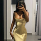 Gold Satin Cowl Neck Slip Maxi Dress Spaghetti Strap Formal Evening Gown DP3704