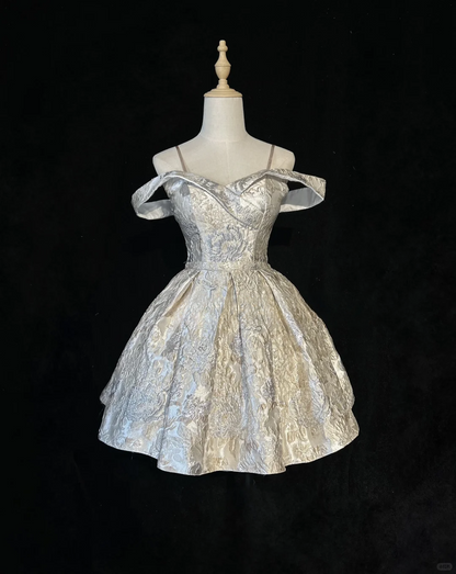 Chic Sliver Fit-and-Flare Off-Shoulder Brocade Homecoming Dress Party Dress Cocktail Dress DP7116