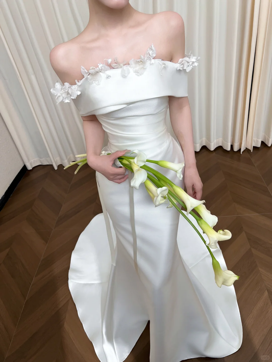 Gorgeous Off-the-Shoulder Satin Mermaid Wedding Dress 3D Floral Neckline Bridal Gown DP8315