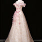 Vintage Off-the-Shoulder Evening Gown 3D Floral & Gold Embroidery Tulle Prom Dress DP7573