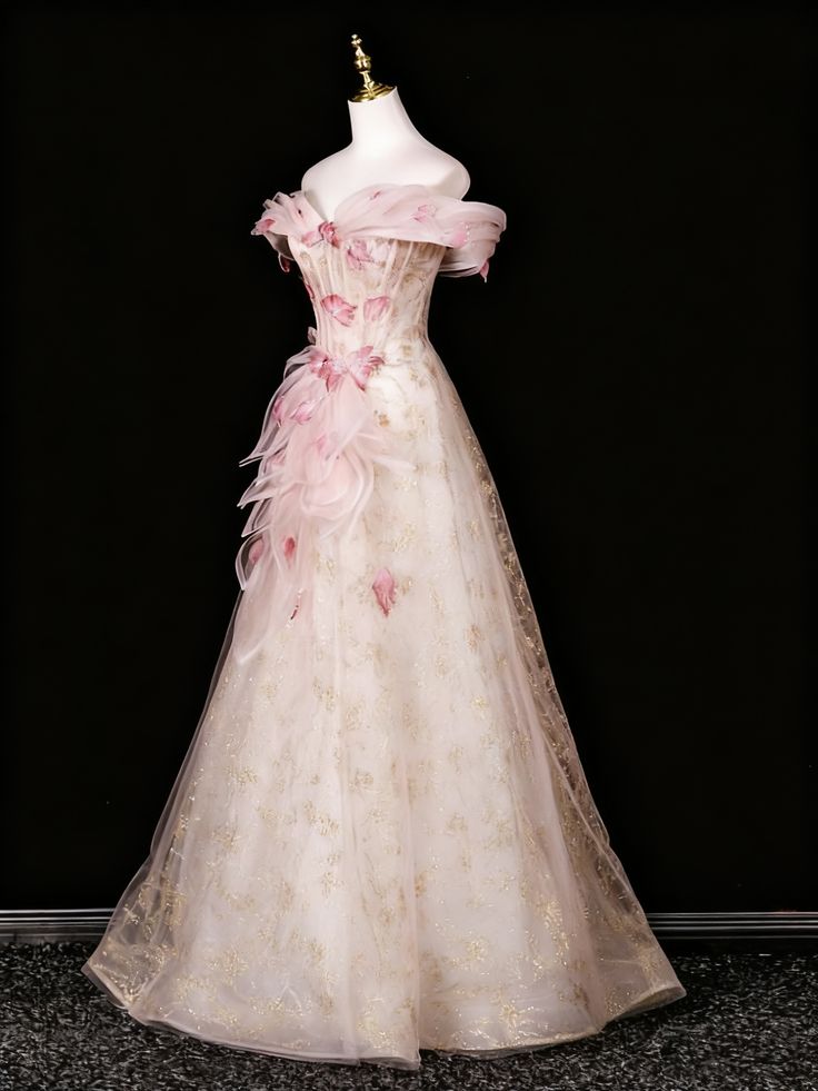 Vintage Off-the-Shoulder Evening Gown 3D Floral & Gold Embroidery Tulle Prom Dress DP7573