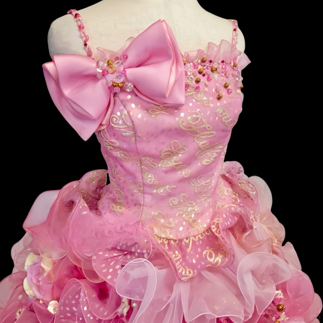 Glamorous Pink Ombre Tulle 3D Floral Applique Bow Fairycore Inspired Sweet 16 Quinceanera Ball Gown DP7272