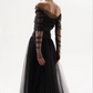 Black Off Shoulder A-Line Tulle Long Prom Dress Evening Gown, DP2946