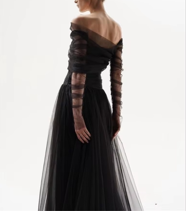 Black Off Shoulder A-Line Tulle Long Prom Dress Evening Gown, DP2946
