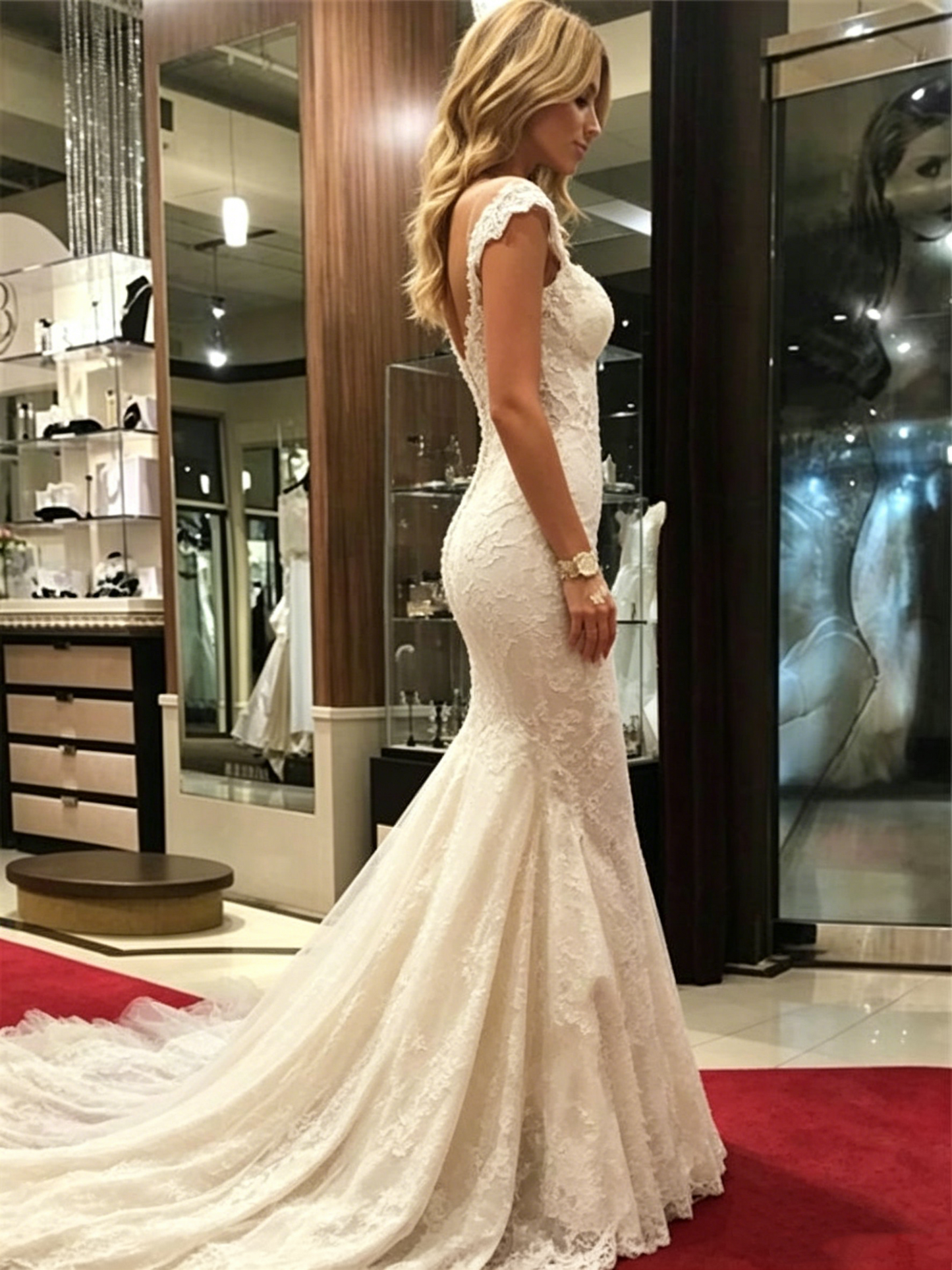 Romantic Ivory Cap Sleeve Sweetheart Mermaid Lace Appliques Long Train Wedding Dress DP8613