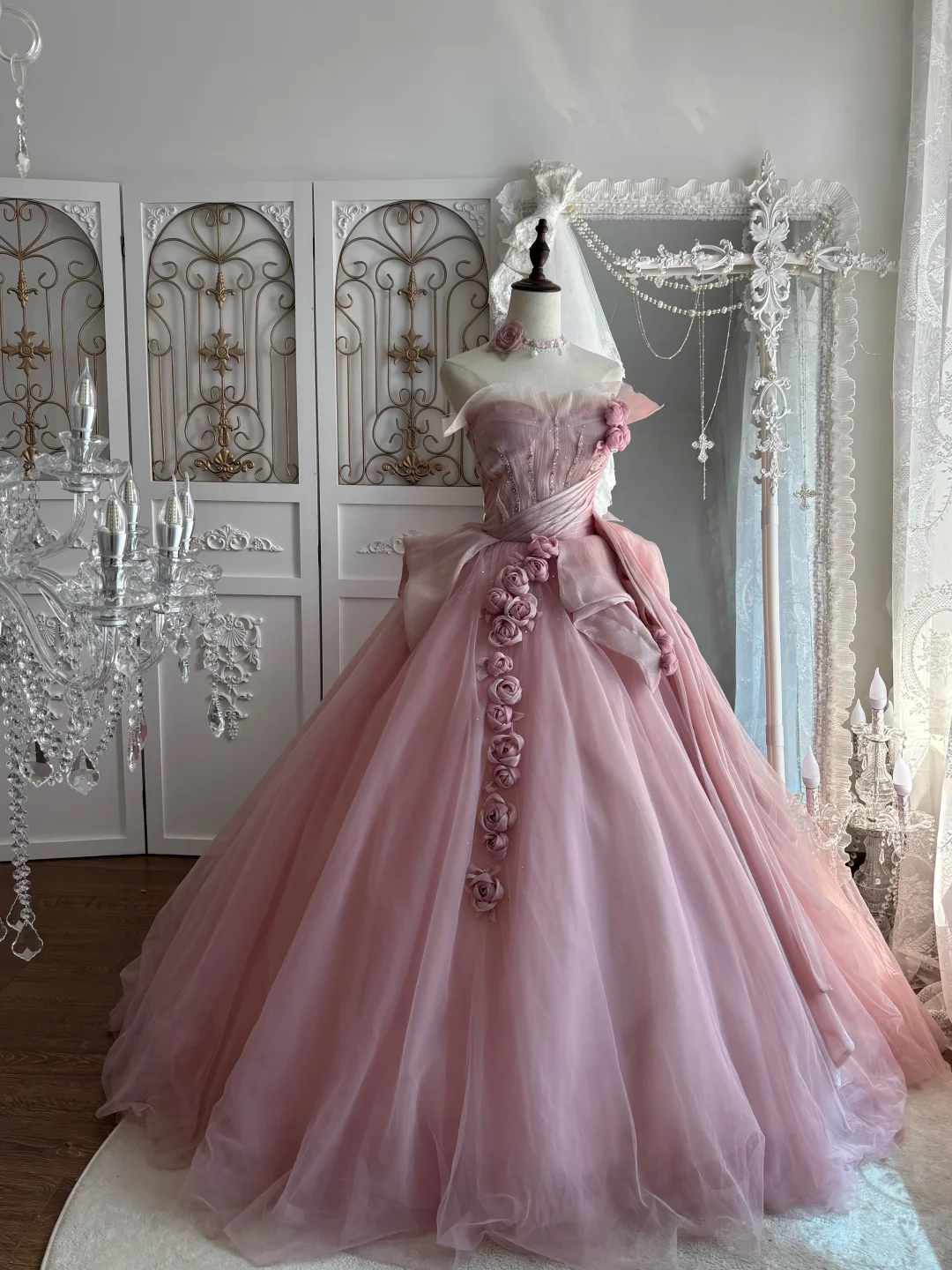 Elegant Pink Strapless Prom Dress 3D Floral Rose Tulle Evening Gown Sweet 15 Quinceanera Ball Gown DP8138