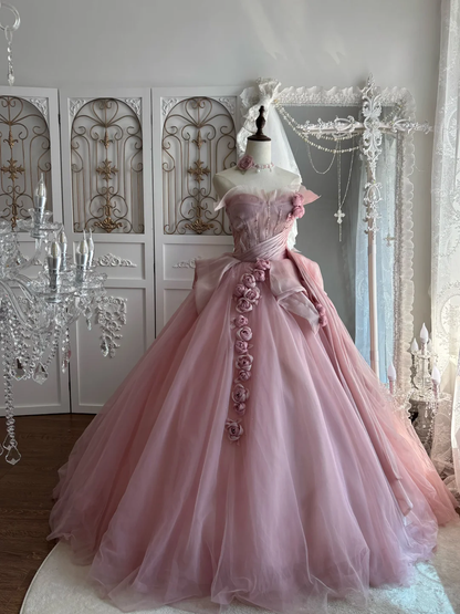 Elegant Pink Strapless Prom Dress 3D Floral Rose Tulle Evening Gown Sweet 15 Quinceanera Ball Gown DP8138