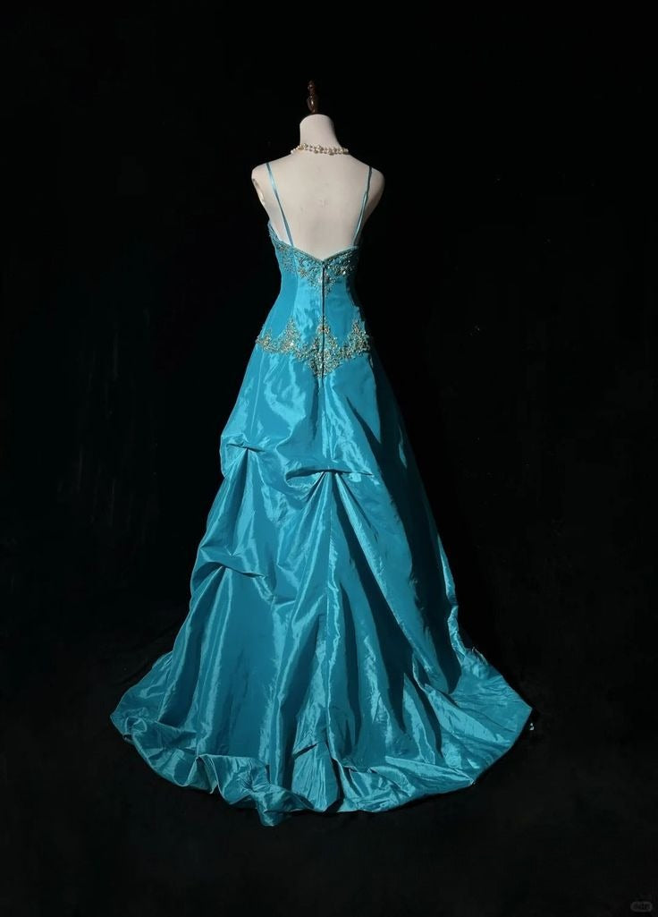 Vintage Turquoise Spaghetti Strap Beaded Embroidery Sweetheart Layered Taffeta Evening Gown DP7135