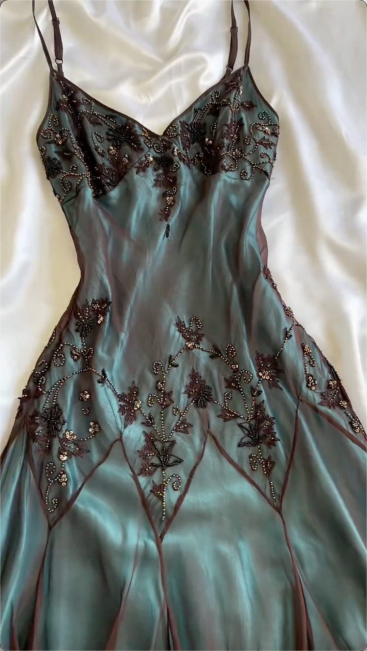 Robe de bal vintage vert foncé brodée de perles, fourreau, col en V, robe de soirée formelle DP6672