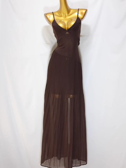 Elegant Sheer Mesh Spaghetti Strap Maxi Dress Sleeveless Pleated Evening Gown DP8240