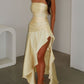 Elegant Yellow Satin Strapless Ruched Sheath High Slit Asymmetrical Cocktail Party Prom Dress DP8650
