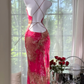 Vintage Red Floral Long Prom Dress Sheath Chiffon Spaghetti Strap Backless Formal Dress, DP6544