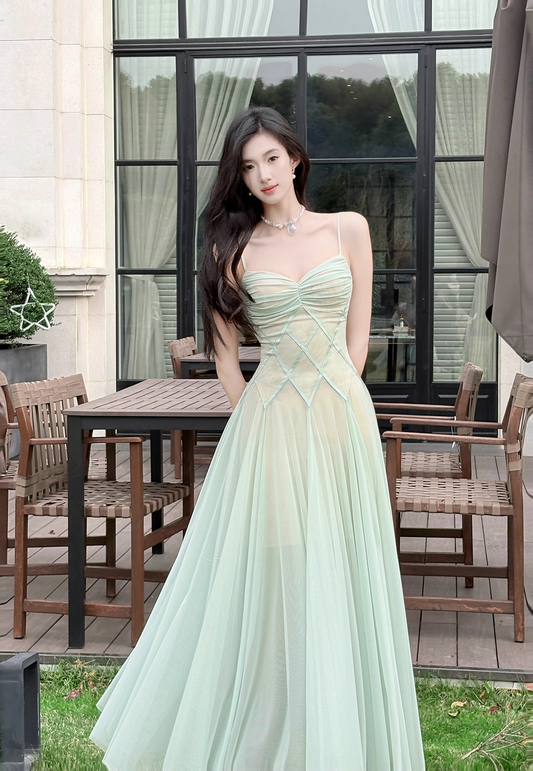 Robe de bal vintage en mousseline de soie vert sauge, coupe trapèze, bretelles spaghetti, robe de soirée longue, robe formelle DP6699