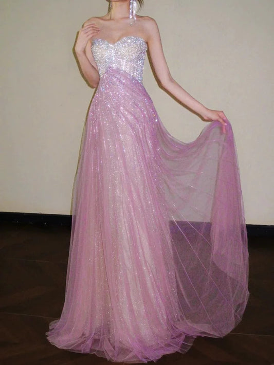 Vintage Sparkling Pink Tulle Sweetheart Prom Gown Beaded Evening Dress DP8082