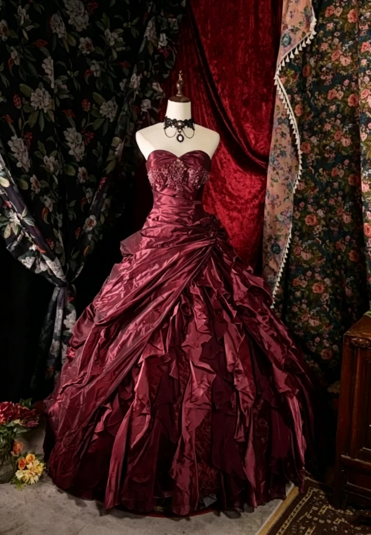 Glamorous Dark Purple Satin Ruffled Sweetheart Beaded Sweet 16 Quinceanera Ball Gown DP7306