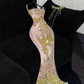 Gorgeous Sparkling Pink Beaded Applique Mermaid Design Exquisite Embroidery Evening Dress Prom Dresses DP6174