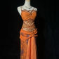 Vintage-Inspired Orange Spaghetti Strap Beaded Embellishment & Leopard Print Prom Dress DP7282