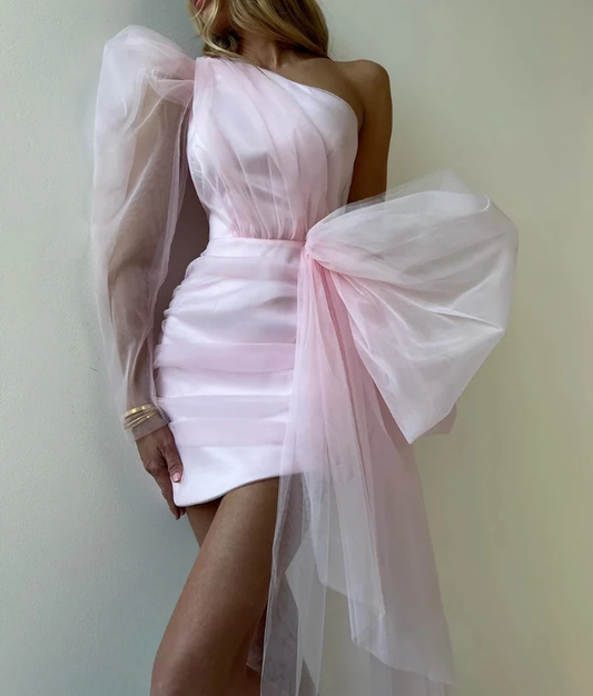 Pink One Shoulder Satin Tulle Short Party Dress, DP2627