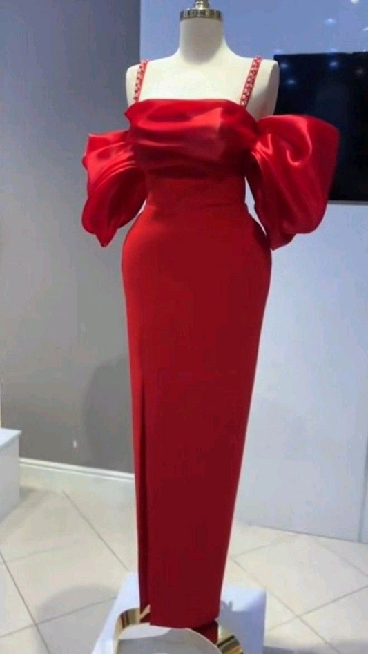 Red Straps Off Shoulder Sheath Satin Long Formal Party Dress, DP3707