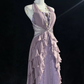 Gorgeous Lilac Chiffon Beaded Prom Dress Sheath Halter Neck Ruffled Evening Gown DP7113
