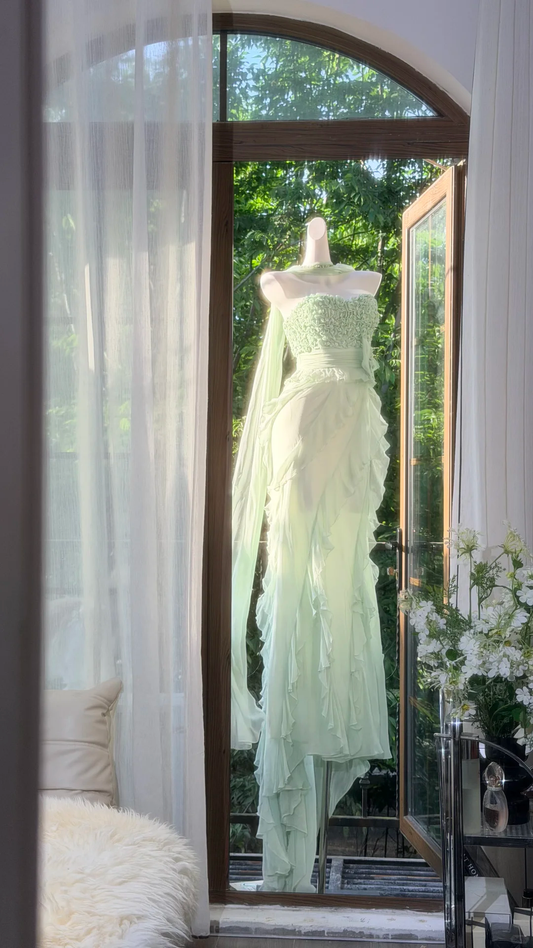 Mint Green Strapless Ruffled Chiffon Mermaid Evening Dress with Flowing Scarf DP8304