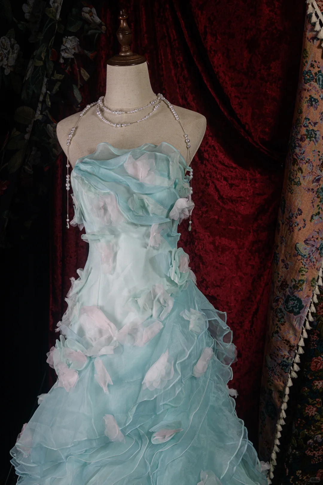 Elegant Mint Green Ruffled Tulle 3D Floral Sweet 16 Quinceanera Ball Gown  DP7414