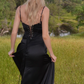 Elegant Black Satin Spaghetti Strap Ruched Bodice Evening Gown DP7401