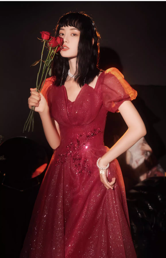 Gorgeous Burgundy Sparkle Tulle Puff Sleeve Sweet 16 Quinceanera Ball Gown  DP7474