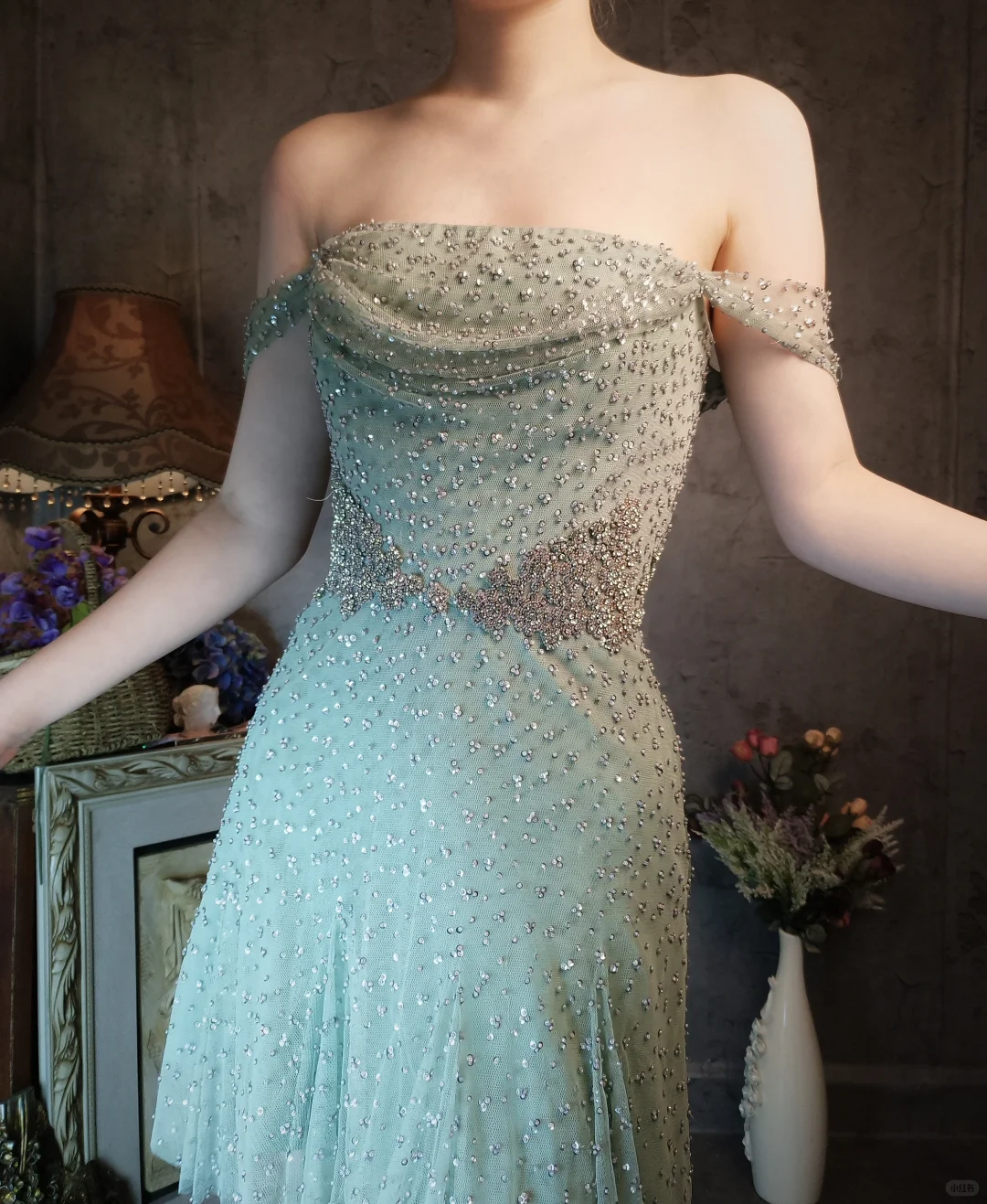 Vintage Light Green Off-the-shoulder Sparkling Beaded Design A-line Short Homecoming Dress DP6056