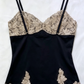 Black Satin Champagne Glitter Lace Two Piece Spaghetti Strap Corset Top Mermaid Evening Gown DP3161