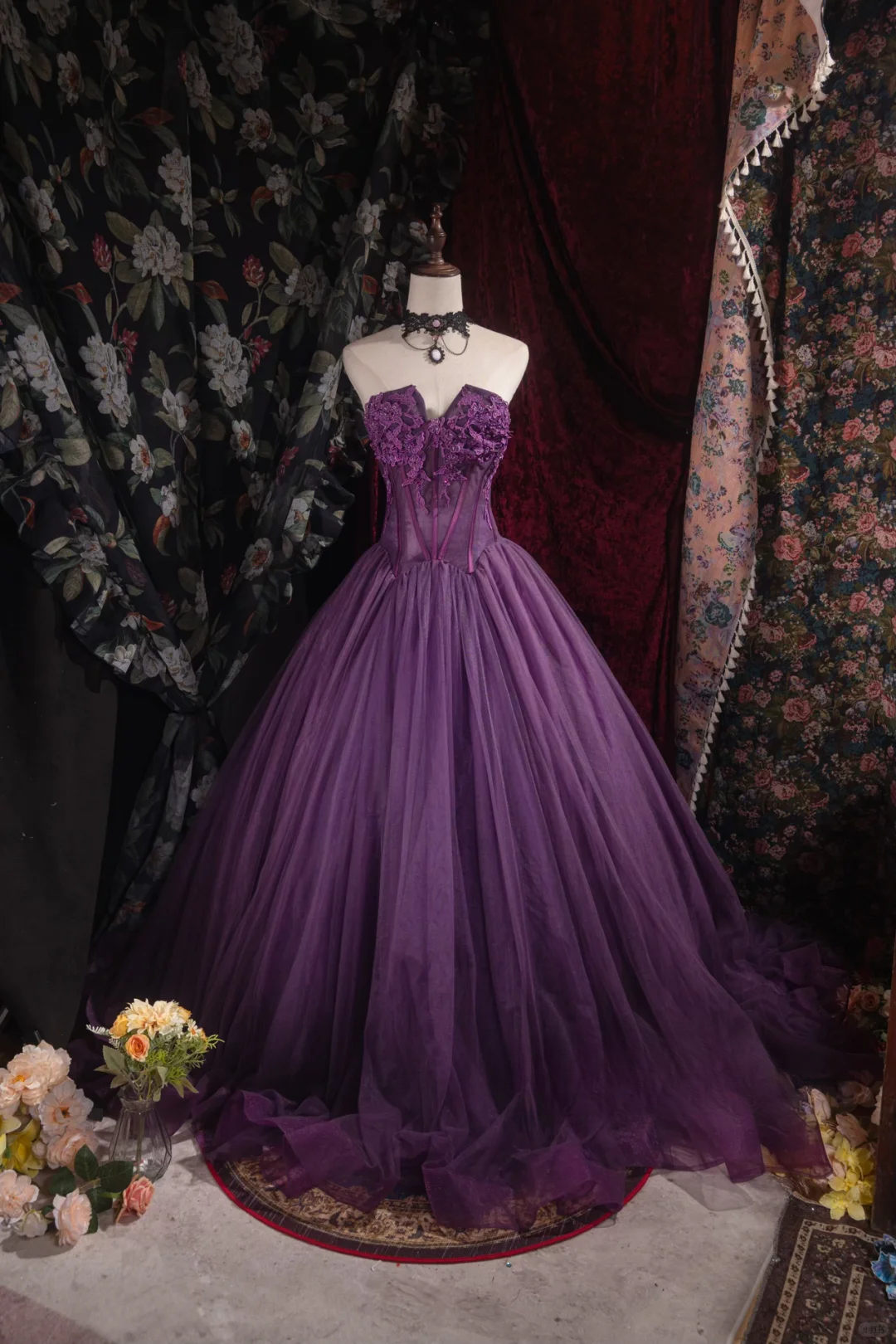 Vintage-Inspired Purple Tulle Strapless Lace Applique Sweet 16 Quinceanera Ball Gown DP7408