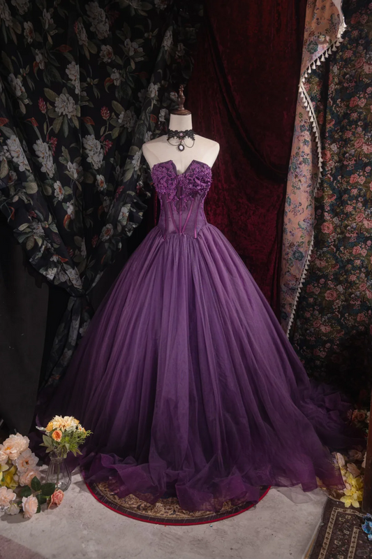 Vintage-Inspired Purple Tulle Strapless Lace Applique Sweet 16 Quinceanera Ball Gown DP7408