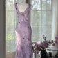Vintage Light Purple Floral Applique Mermaid Cowl Neck Design Satin Prom Dress Evening Dress DP6236