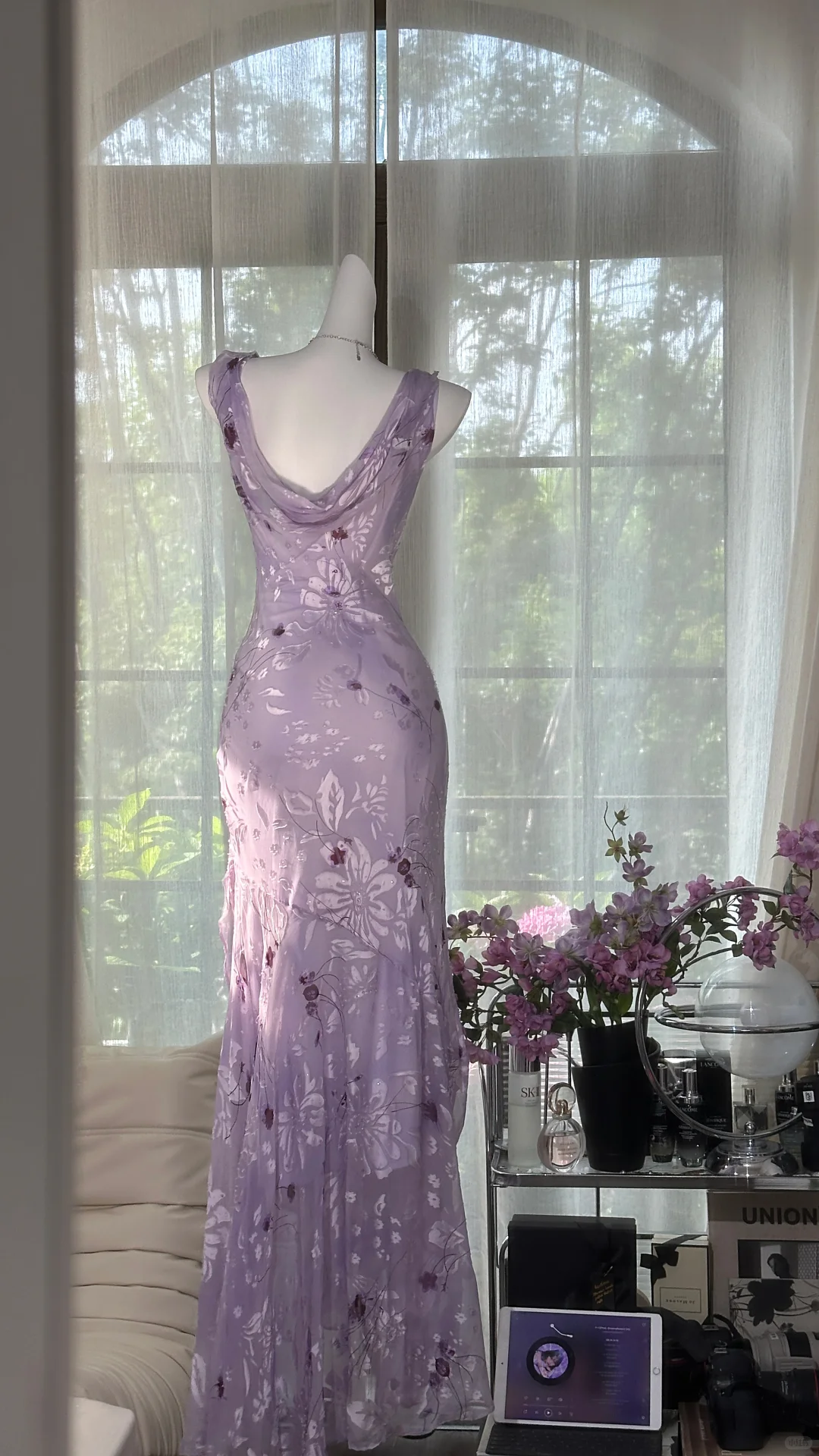 Vintage Light Purple Floral Applique Mermaid Cowl Neck Design Satin Prom Dress Evening Dress DP6236