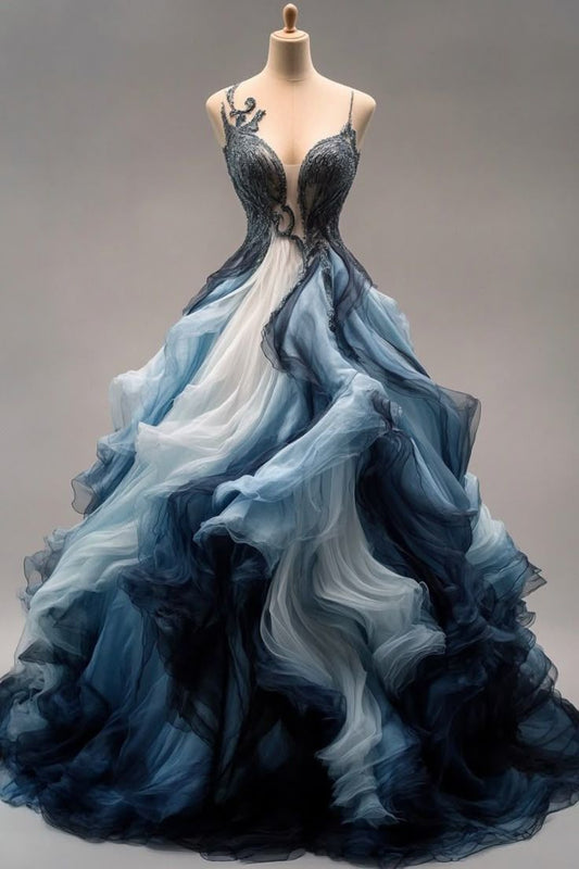 Robe de bal trapèze vintage ombrée à bretelles spaghetti, robe de soirée longue et formelle DP6696