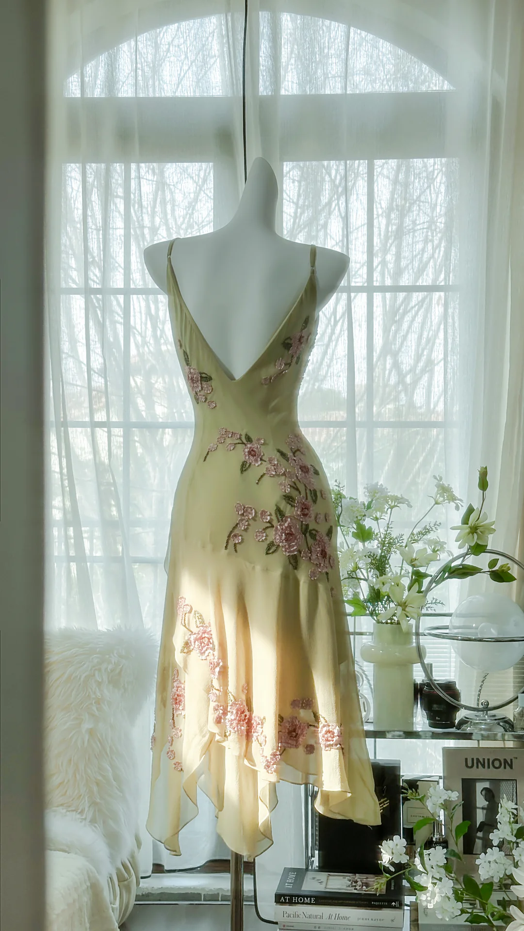 Vintage Light Green Spaghetti Strap Floral Design A-line Romantic Chiffon Evening Dress Prom Dress DP6027