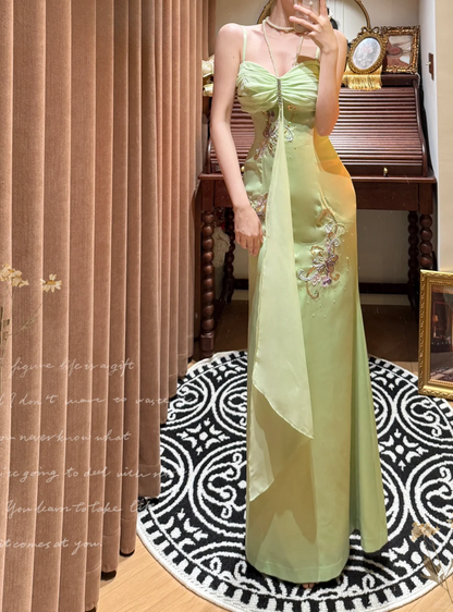 Vintage Sage Green Spaghetti Strap Intricate Embroidery & Chiffon Drape Evening Gown DP7260