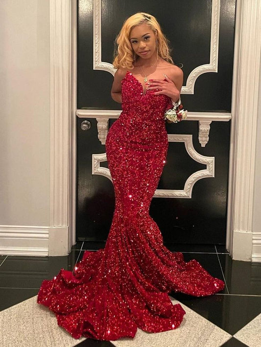Stunning Red Sequin Mermaid Prom Dress Sweetheart Evening Gown DP8033