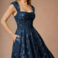 Elegant Navy Blue 3D Floral Applique Square Neck Cap Sleeve A-Line Prom Dress DP8781
