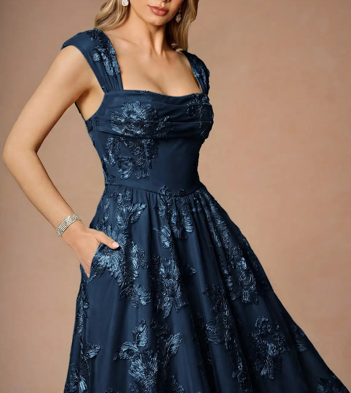 Elegant Navy Blue 3D Floral Applique Square Neck Cap Sleeve A-Line Prom Dress DP8781