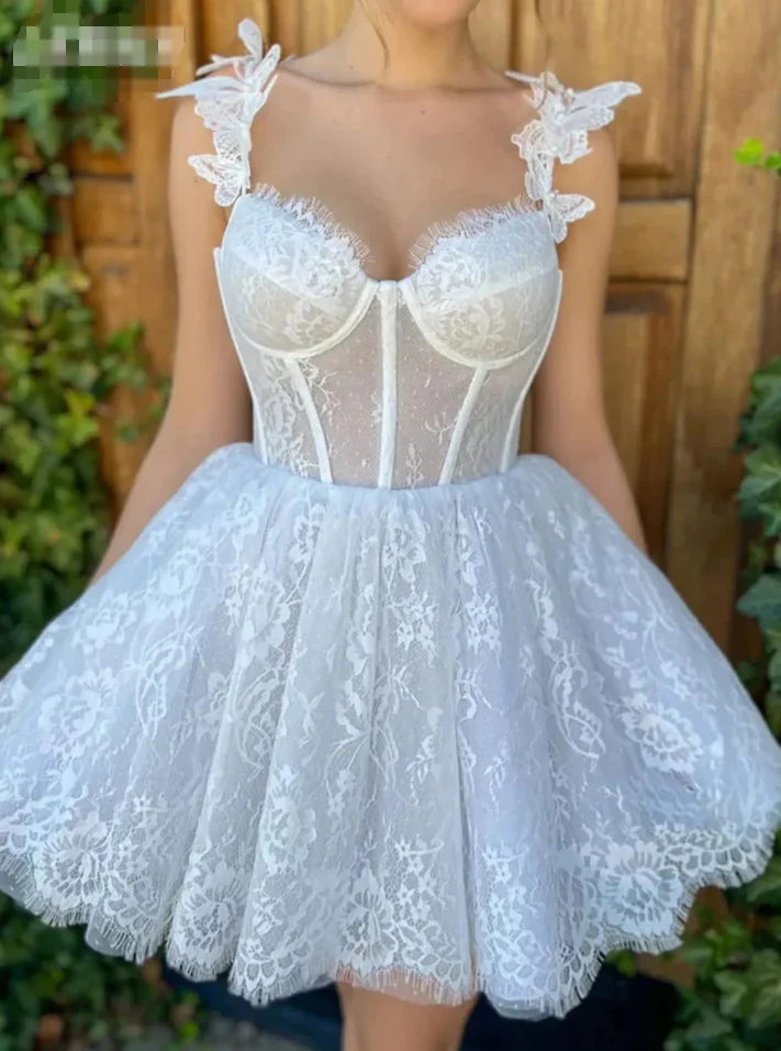 White Sweetheart Lace A-Line Charming Short Party Dress, DP2557