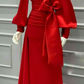 Red High Neck Long Sleeves Satin Long Formal Party Dress, DP3708