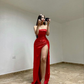 Sexy Red Strapless Sheath Satin Long Evening Party Dress with Split, DP3824