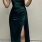 Off Shoulder Sheath Satin Green Long Formal Party Dress with Slit, DP3576