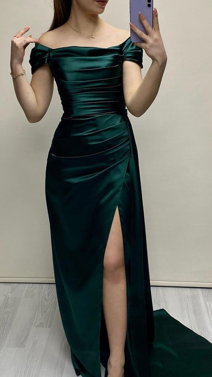 Off Shoulder Sheath Satin Green Long Formal Party Dress with Slit, DP3576