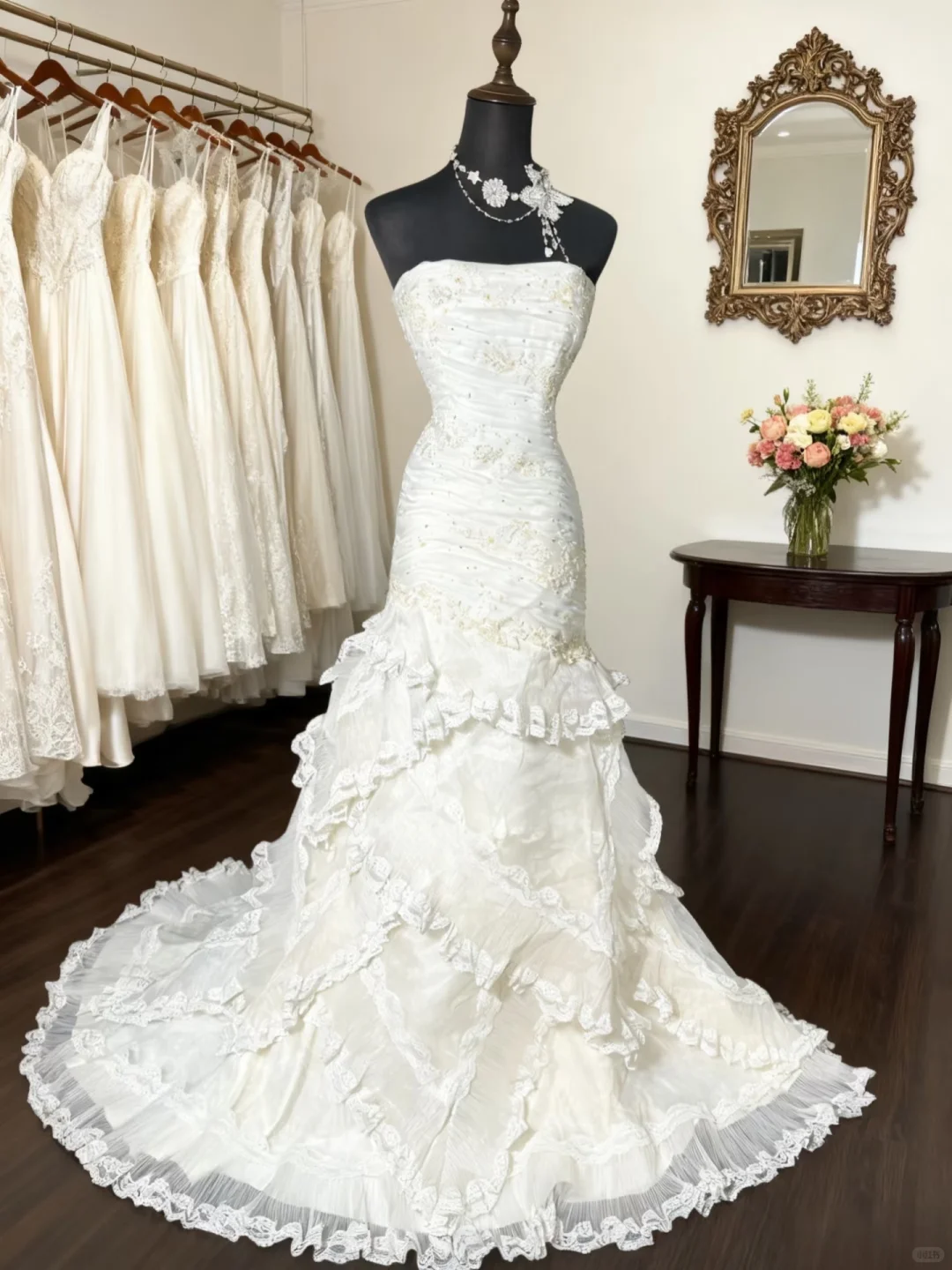 Enchanting Ivory Strapless Mermaid Wedding Dress Ruffled Lace Bridal Gown DP7962