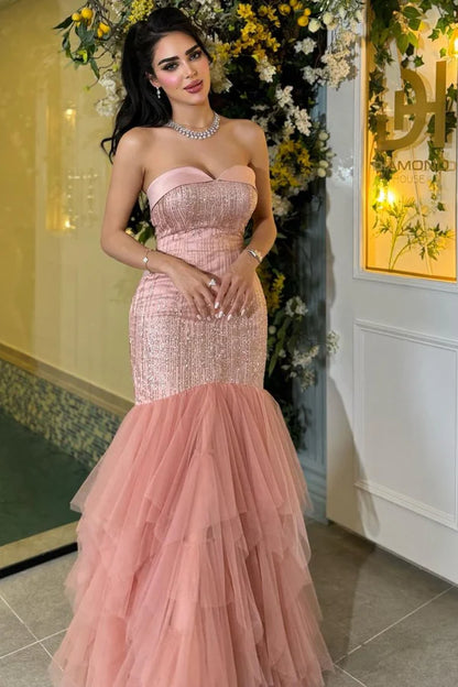 Robe de soirée sirène rose à sequins élégants, bustier bustier en tulle à volants et paillettes DP7247